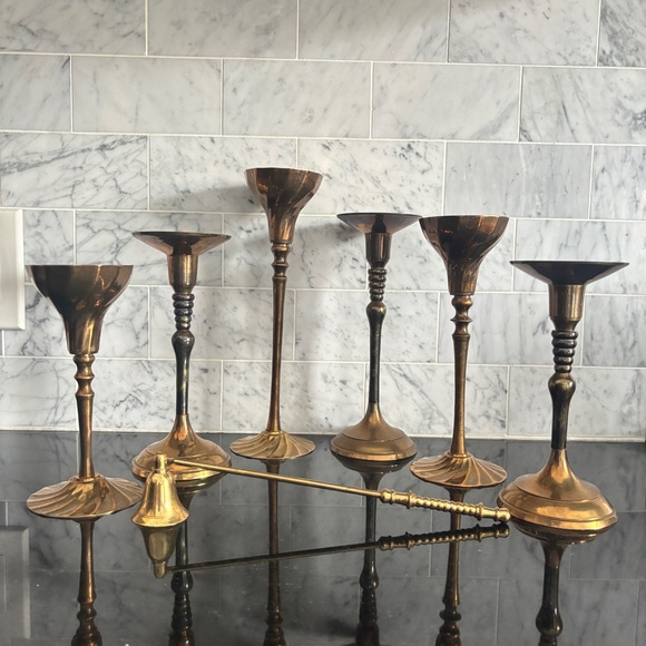 Assorted Lot of 6 Vintage Brass Candlestick Holders with Snuffer - Picture 9 of 12